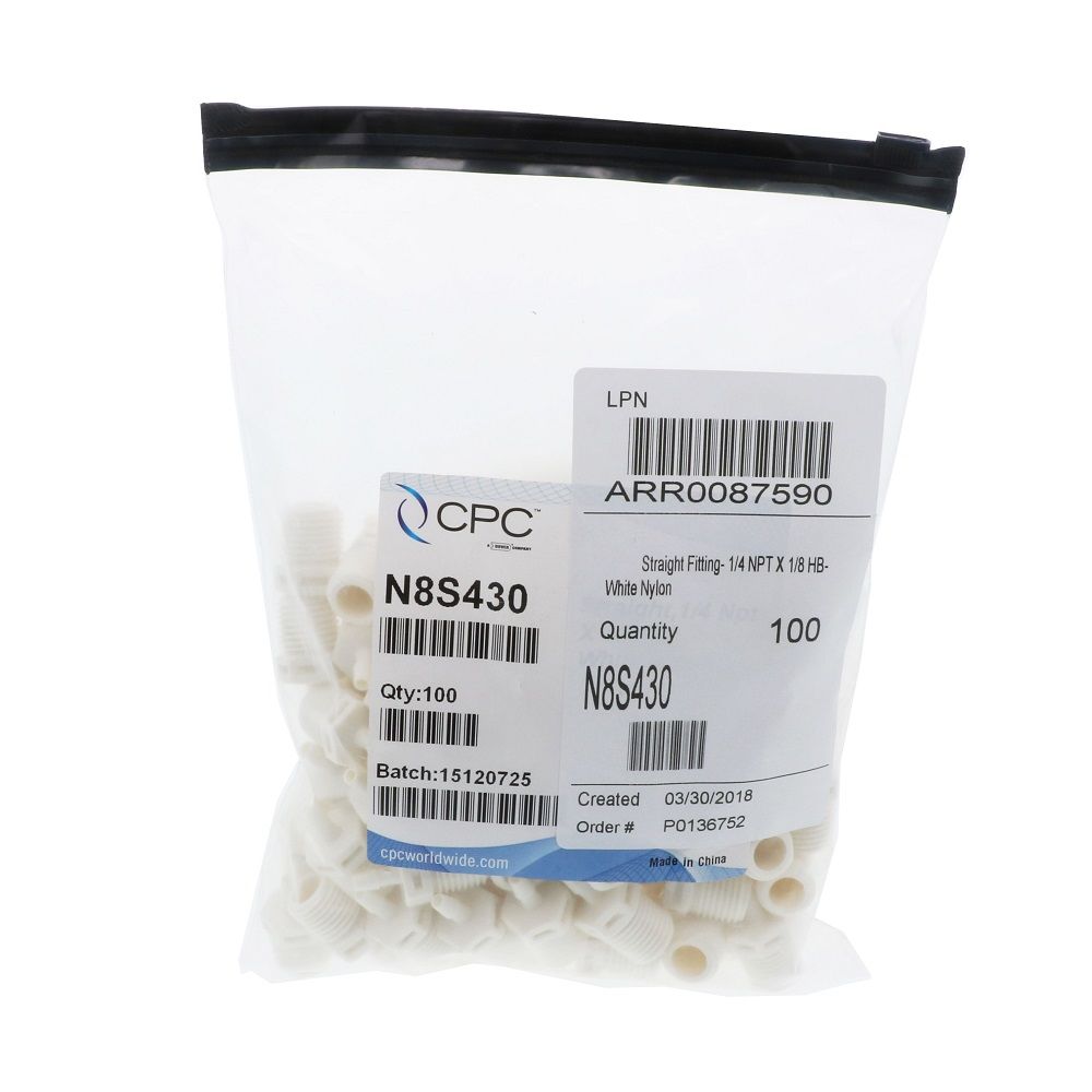 N8S430 Straight Fitting White Nylon 1/4 NPT X 1/8 HB