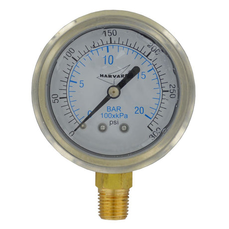 Water Pressure Gauge - 300 PSI, 1/4" MPT, 2.5" Plastic Dial, Lower Mount, SS Case