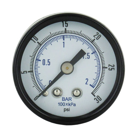 Water Pressure Gauge 30 PSI, 1/8" MPT, 1.5" Glass Dial, Center Mount, Black Steel Case