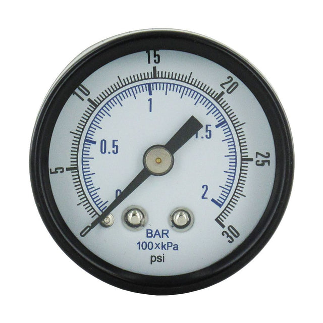 Water Pressure Gauge 30 PSI, 1/8" MPT, 1.5" Glass Dial, Center Mount, Black Steel Case
