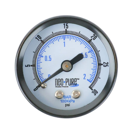 Water Pressure Gauge 30 PSI, 1/8" MPT, 1.5" Glass Dial, Center Mount, Chrome Plated Case
