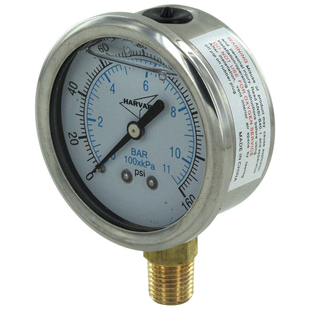 Water Pressure Gauge 160 PSI, 1/4" MPT, 2.5" Plastic Dial, Lower Mount, SS Case