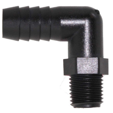Male Elbow Barb x Male NPT - 1/2" HB x 1/4" MNPT - Black Polypropylene
