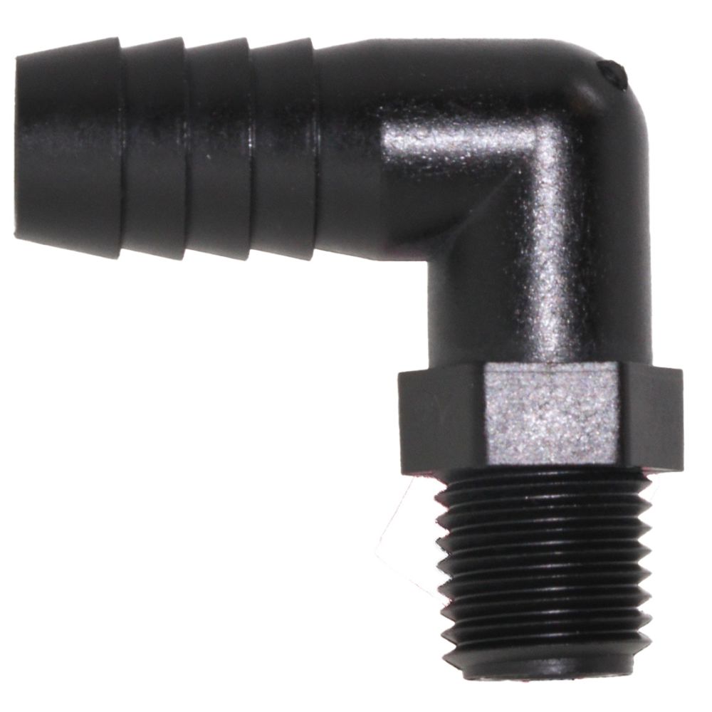 Male Elbow Barb x Male NPT - 3/8" HB x 1/8" MNPT - Black Polypropylene