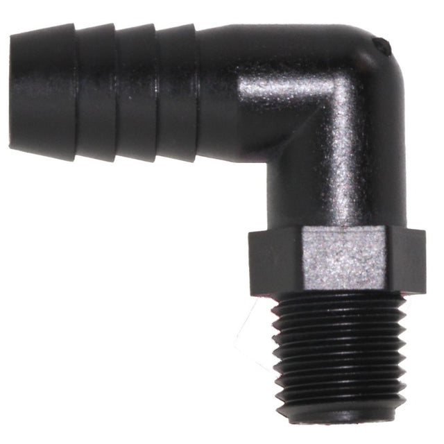 Male Elbow Barb x Male NPT - 1/2" HB x 1/4" MNPT - Black Polypropylene